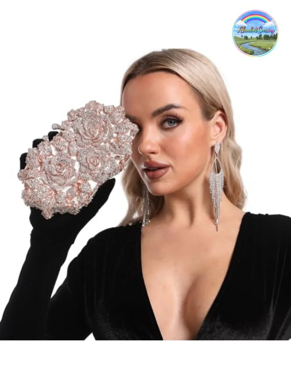 Crystal Flower Clutch Purse - Faux Leather Evening Bag with Chain, Rhinestone
